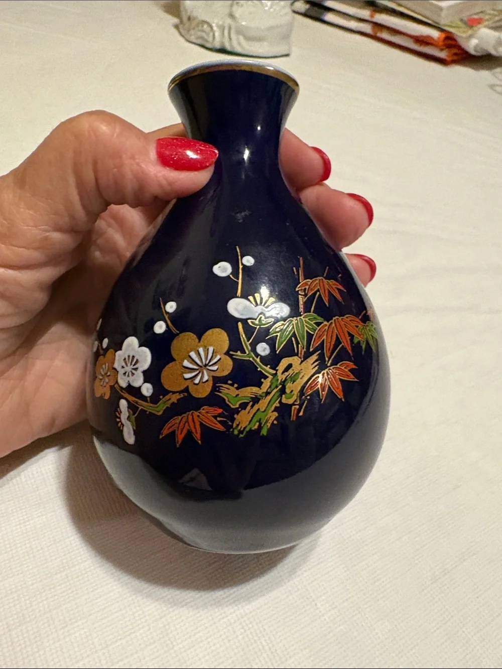Navy Porcelain Bud Vase with Gold Floral Motif
